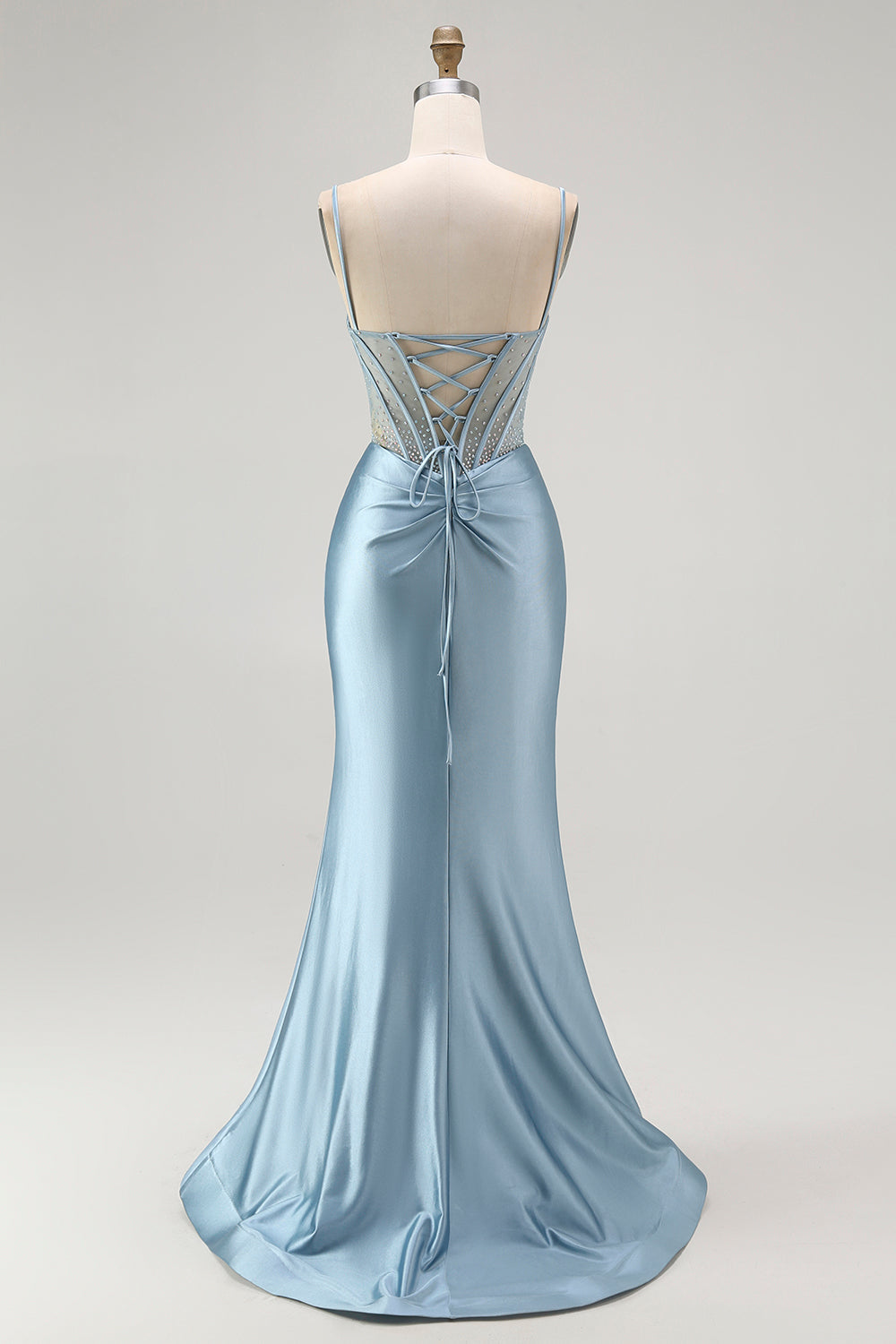 Sparkly Grey Blue Mermaid Appliqued Long Corset Prom Dress with Slit