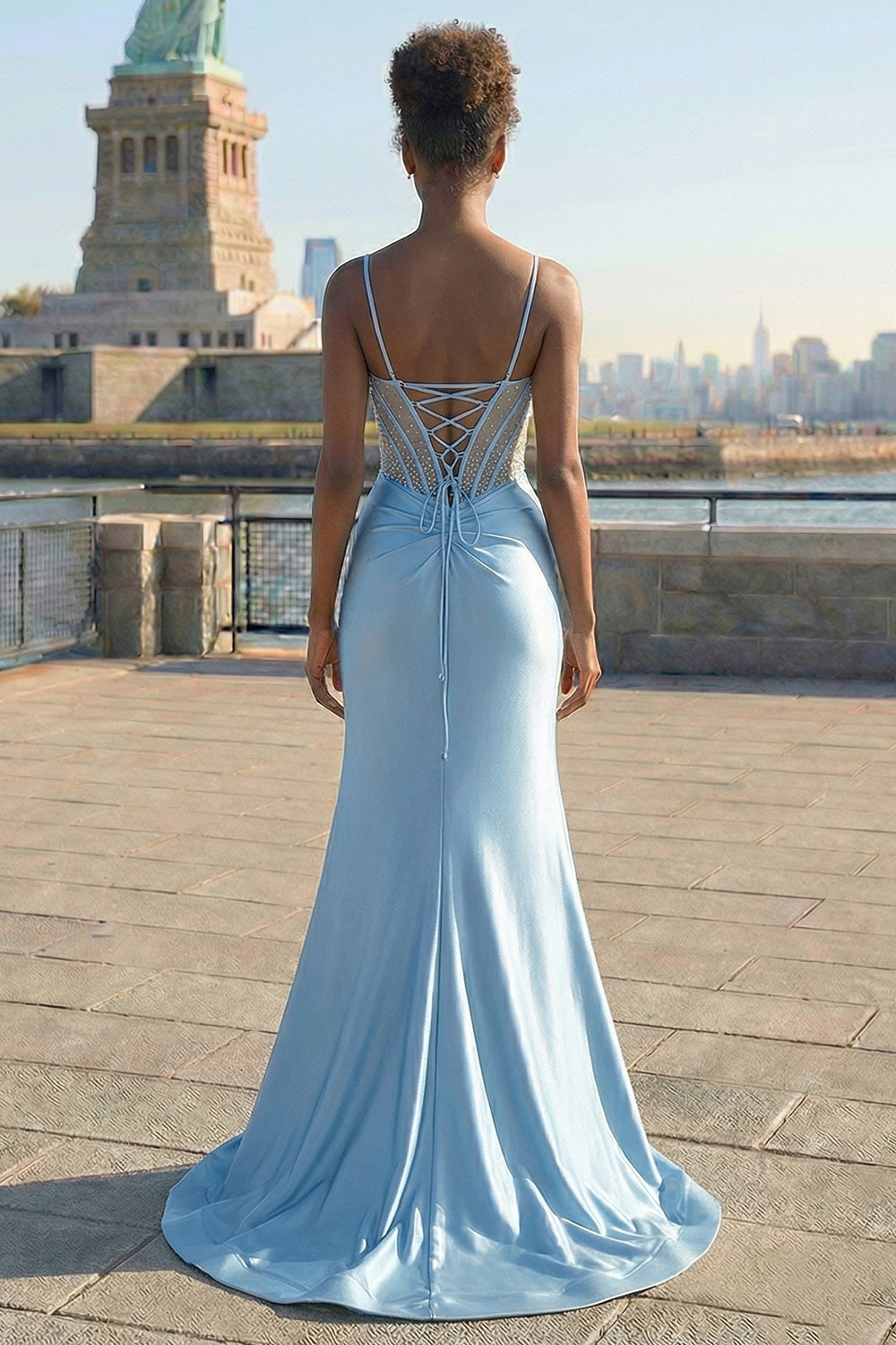 Sparkly Grey Blue Corset Appliqued Mermaid Long Prom Dress with Slit