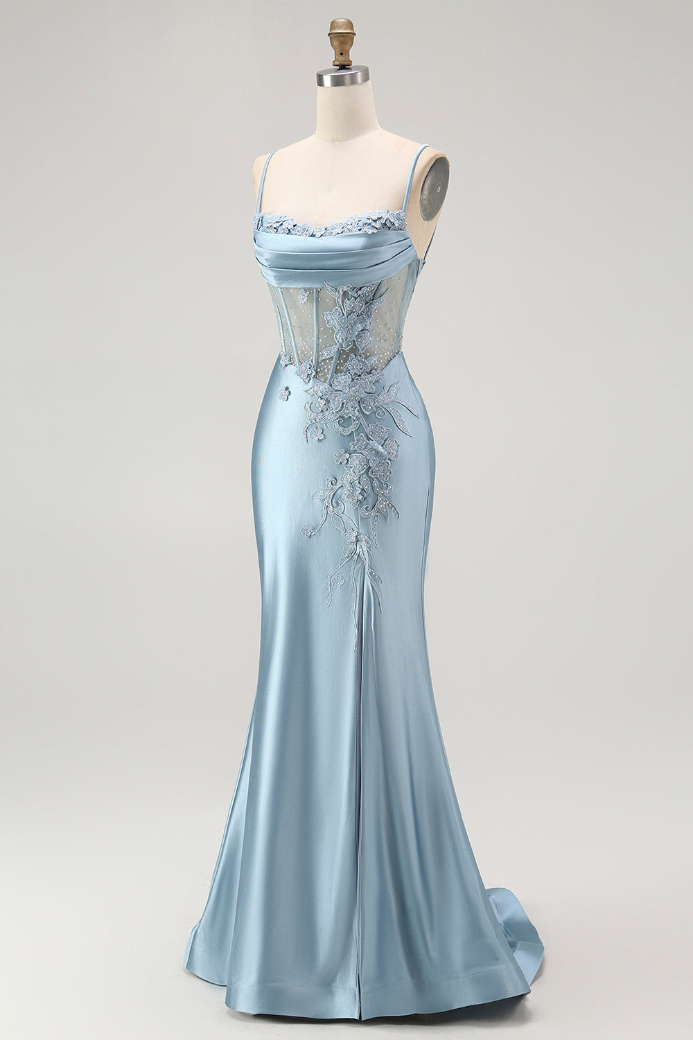 Sparkly Grey Blue Corset Appliqued Mermaid Long Prom Dress with Slit