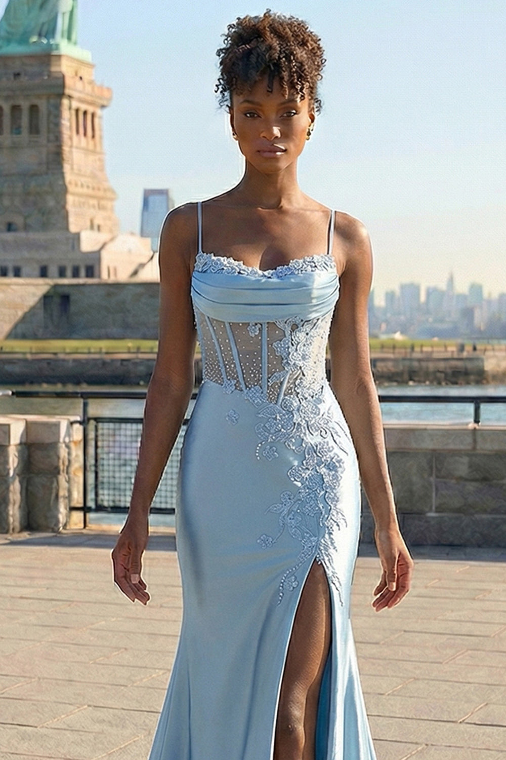 Sparkly Grey Blue Mermaid Appliqued Long Corset Prom Dress with Slit