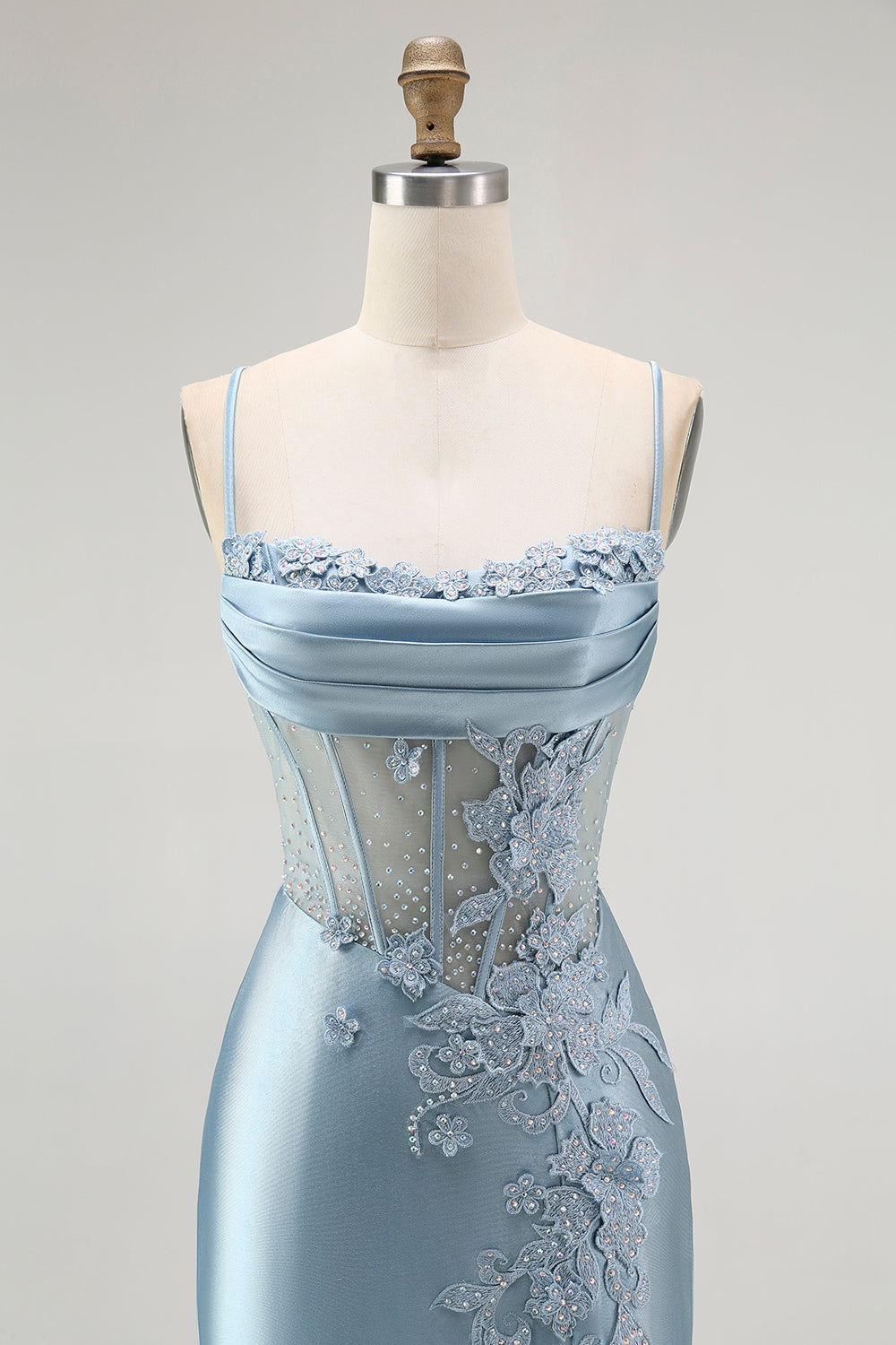 Sparkly Grey Blue Corset Appliqued Mermaid Long Prom Dress with Slit
