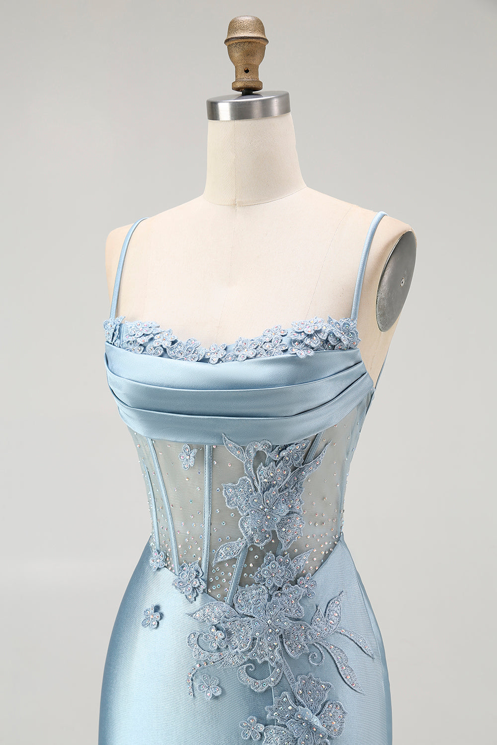 Sparkly Grey Blue Corset Appliqued Mermaid Long Prom Dress with Slit