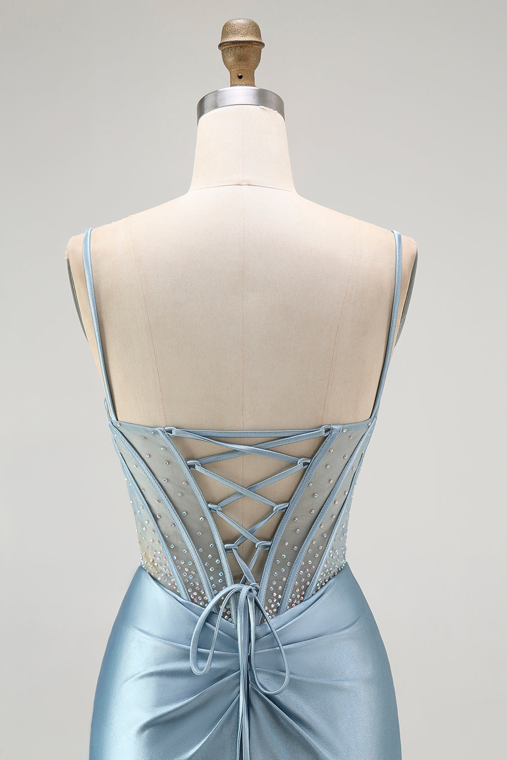 Sparkly Grey Blue Corset Appliqued Mermaid Long Prom Dress with Slit