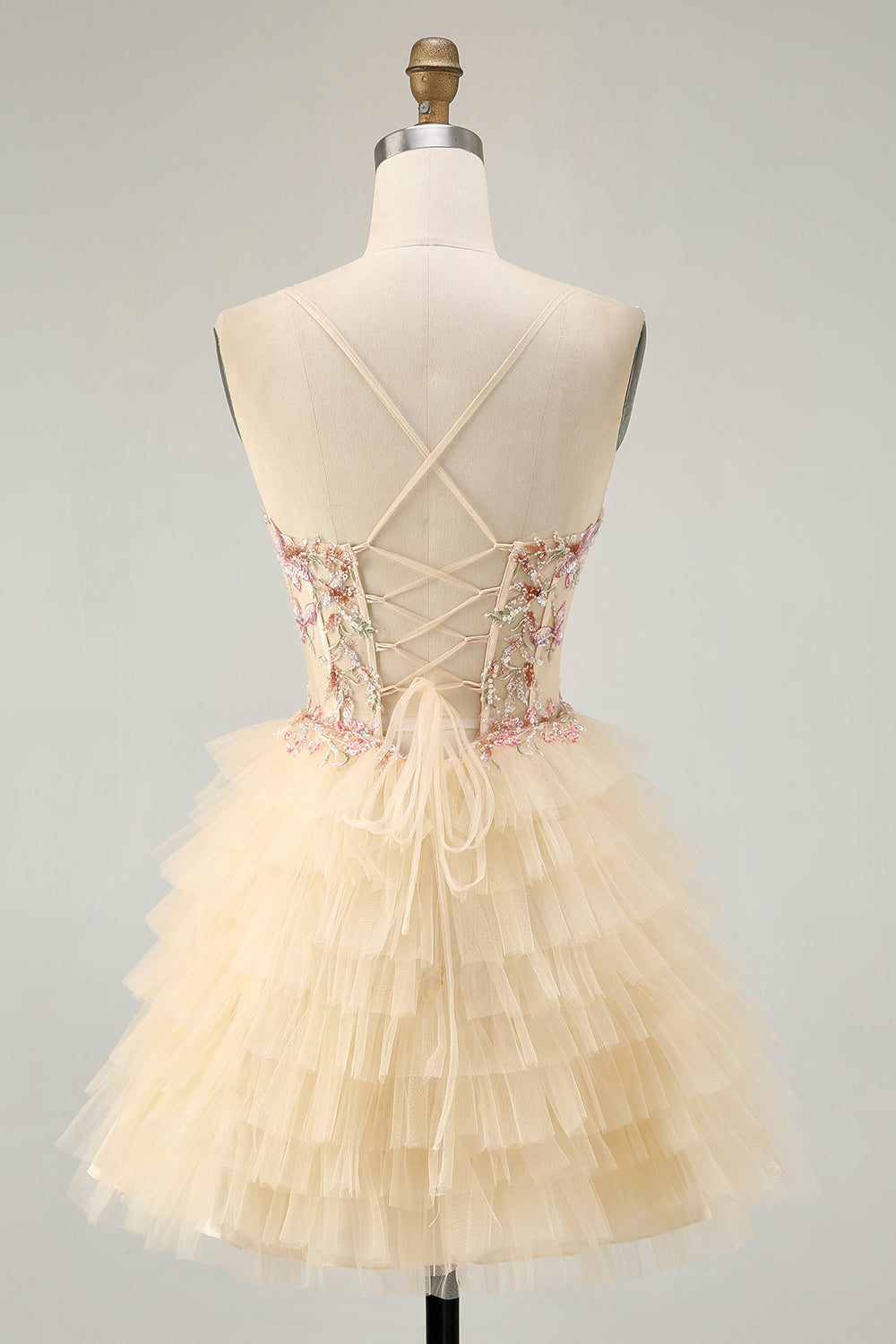 Apricot Floral Corset Spaghetti Straps Short Homecoming Dress with Ruffles