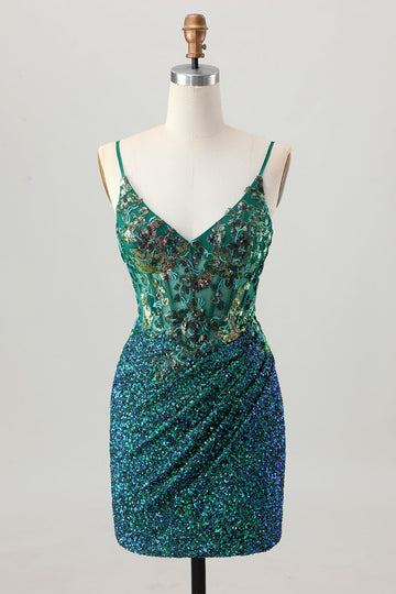 Sparkly Dark Green Corset Sequin Short Tight Homecoming Dress