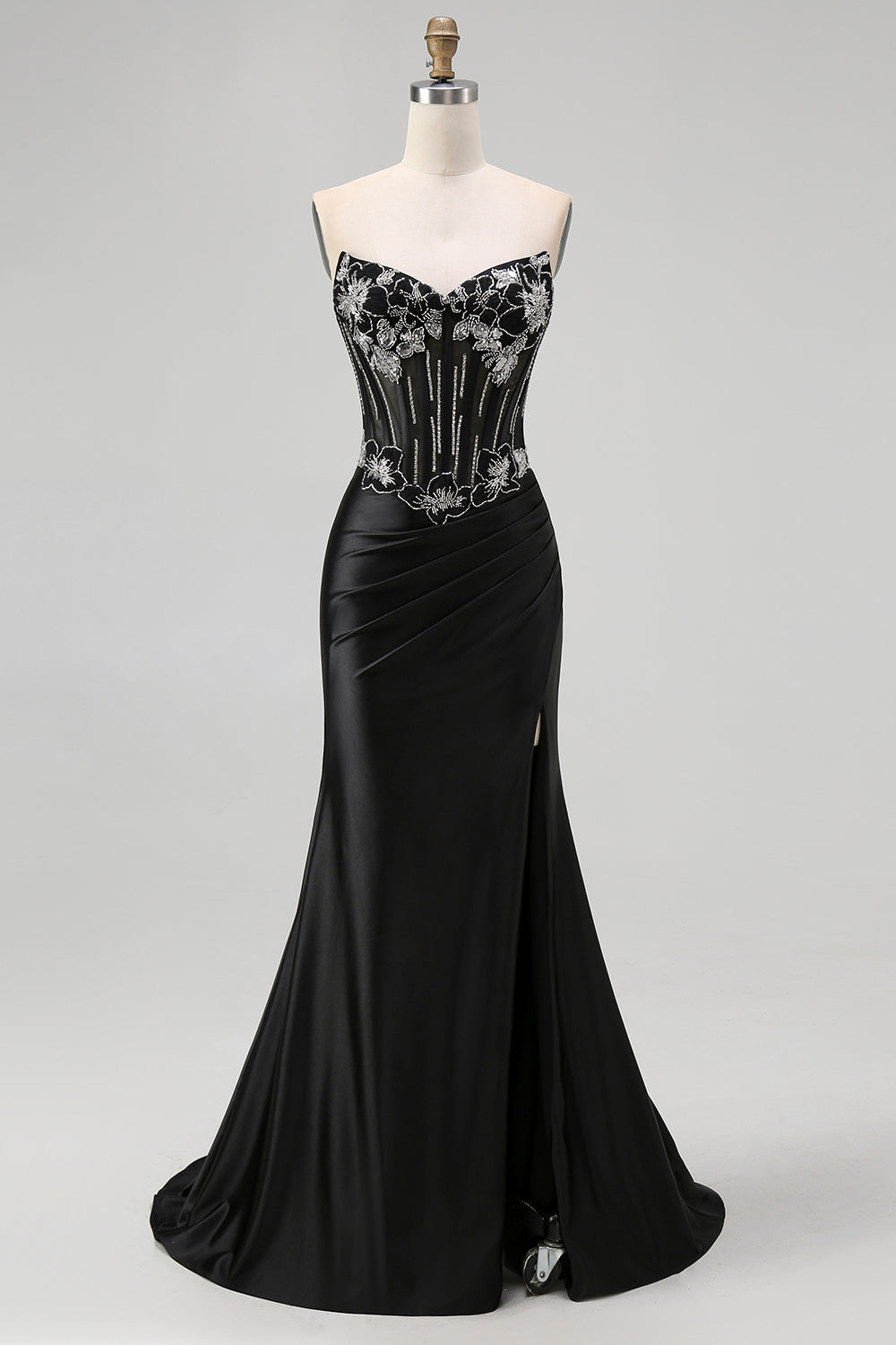 Plus Size Sparkly Black Mermaid Beaded Long Corset Prom Dress with Slit