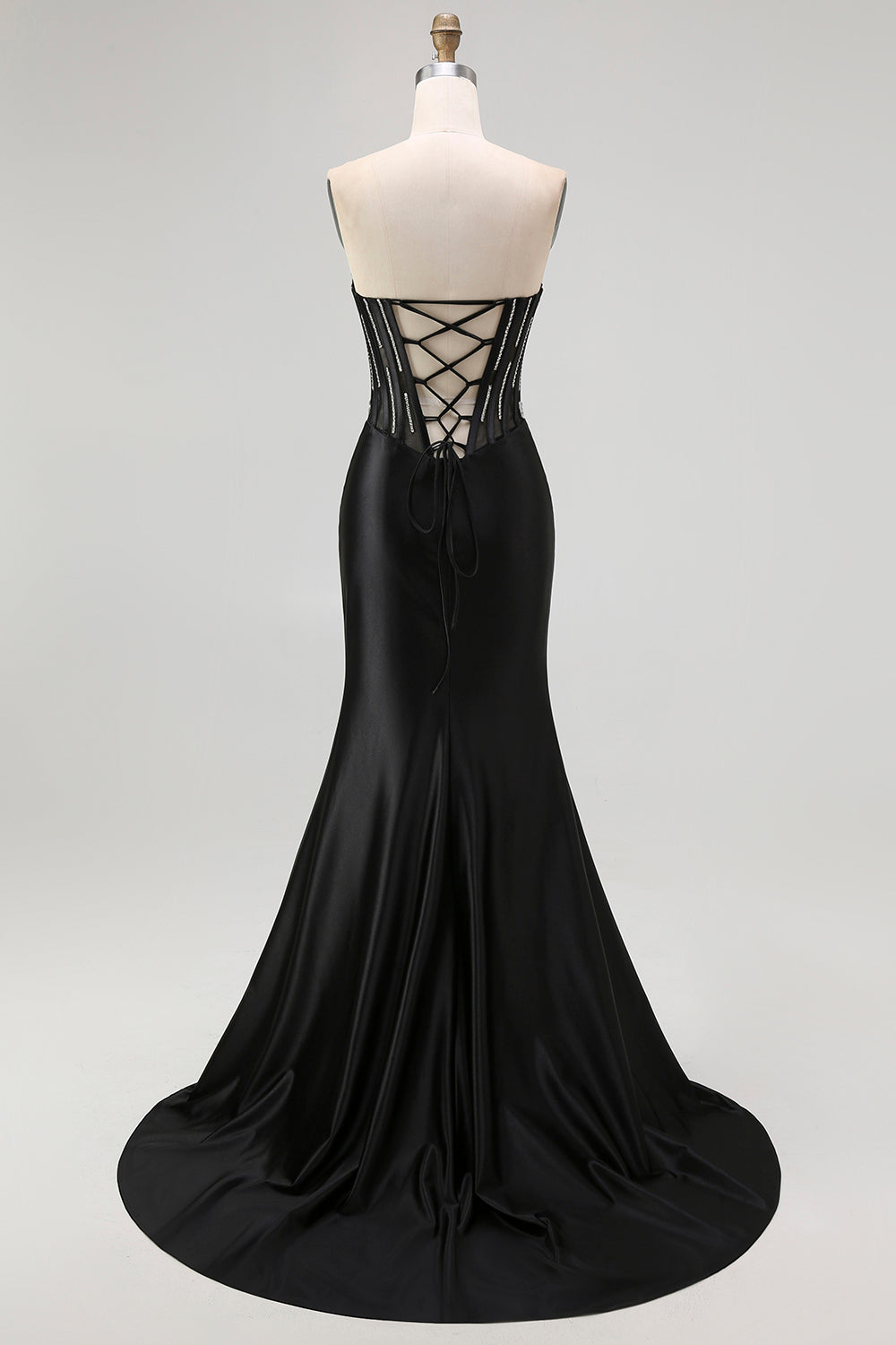 Plus Size Sparkly Black Mermaid Beaded Long Corset Prom Dress with Slit