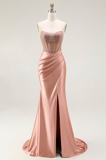 Sparkly Blush Mermaid Strapless Ruched Long Prom Dress with Slit