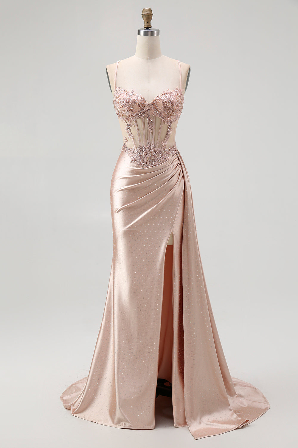 Sparkly Champagne Spaghetti Straps Mermaid Satin Long Prom Dress with Beading