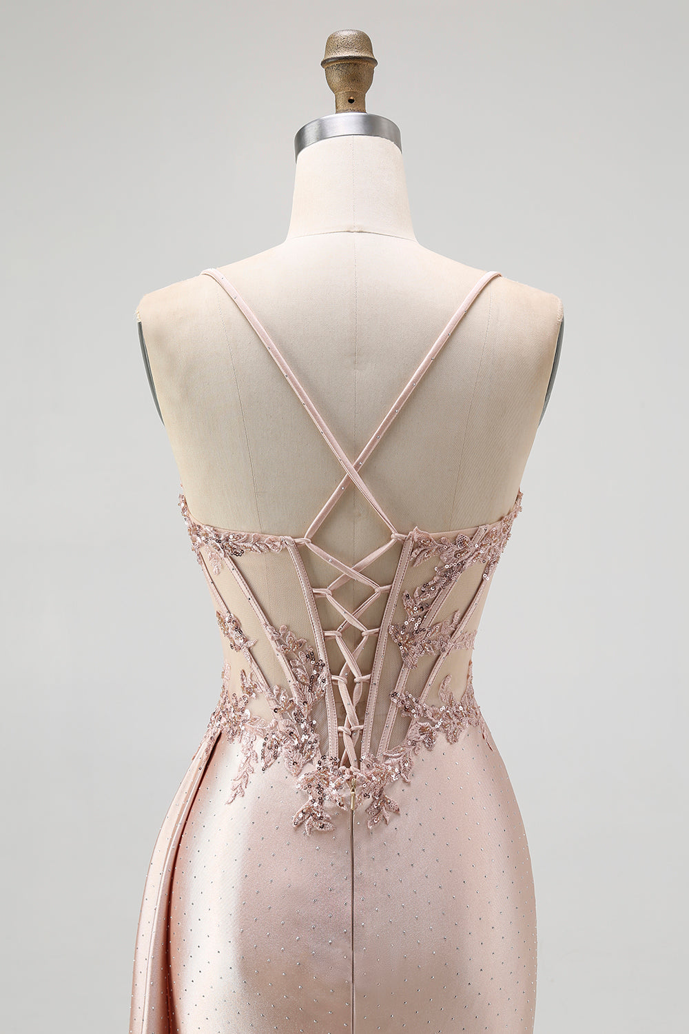 Sparkly Champagne Spaghetti Straps Mermaid Satin Long Prom Dress with Beading