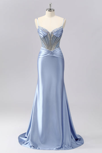 Sparkly Grey Blue Mermaid Spaghetti Straps Long Prom Dress with Beading