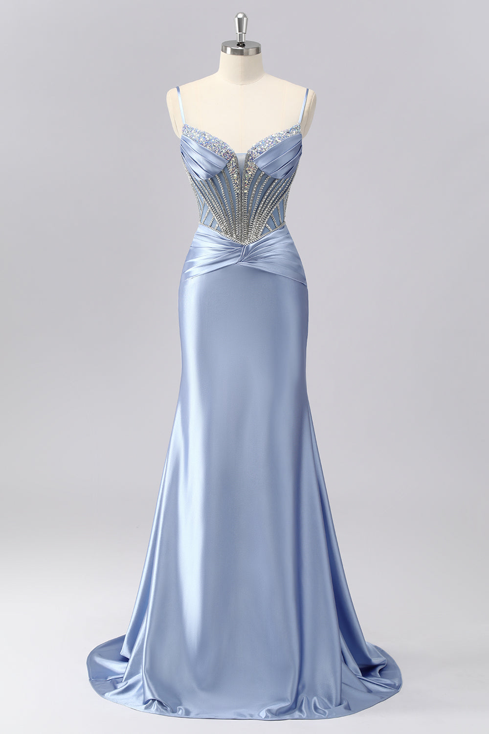 Sparkly Grey Blue Mermaid Spaghetti Straps Long Prom Dress with Beading