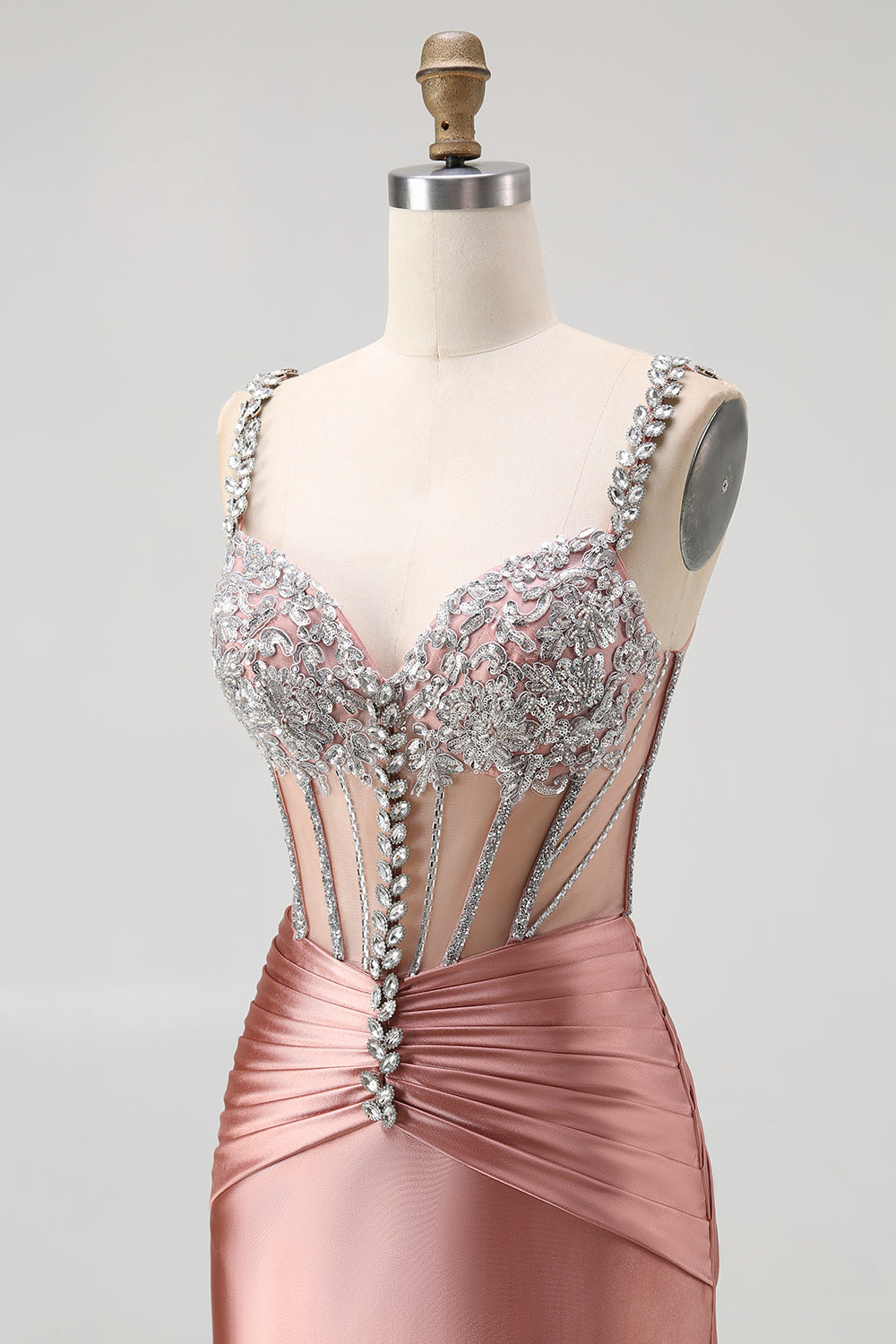 Sparkly Blush Spaghetti Straps Mermaid Satin Long Corset Prom Dress with Beading