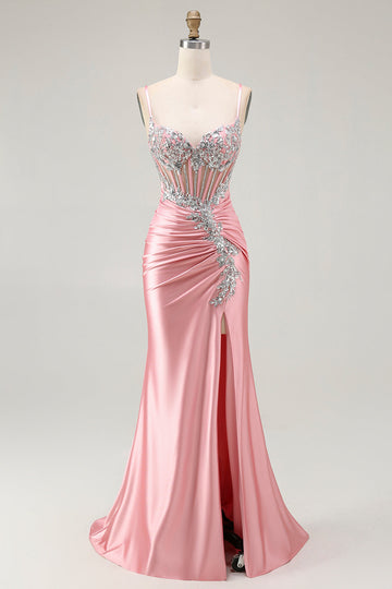 Sparkly Blush Corset Mermaid Ruched Long Prom Dress with Slit