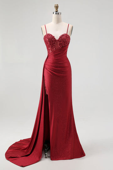 Sparkly Burgundy Spaghetti Straps Mermaid Long Corset Prom Dress with Beading