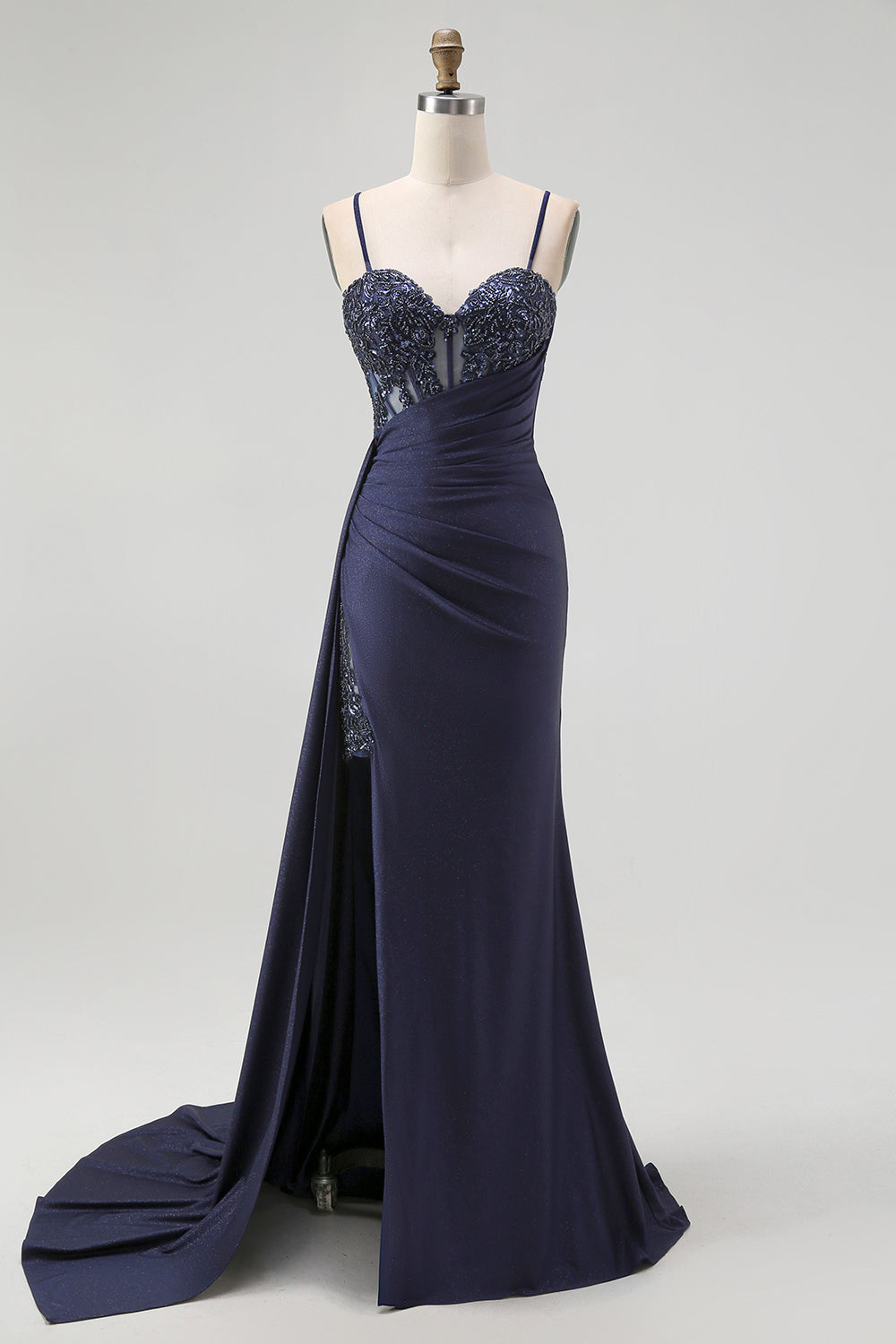Sparkly Burgundy Spaghetti Straps Mermaid Long Corset Prom Dress with Beading