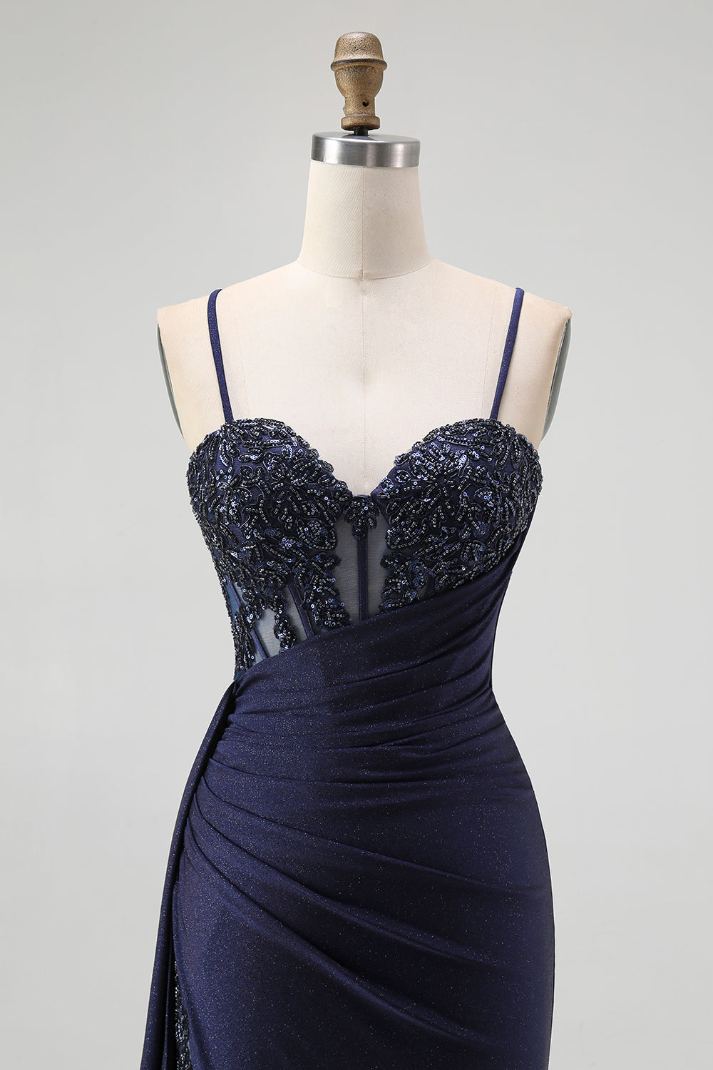 Sparkly Navy Spaghetti Straps Mermaid Long Corset Prom Dress with Beading