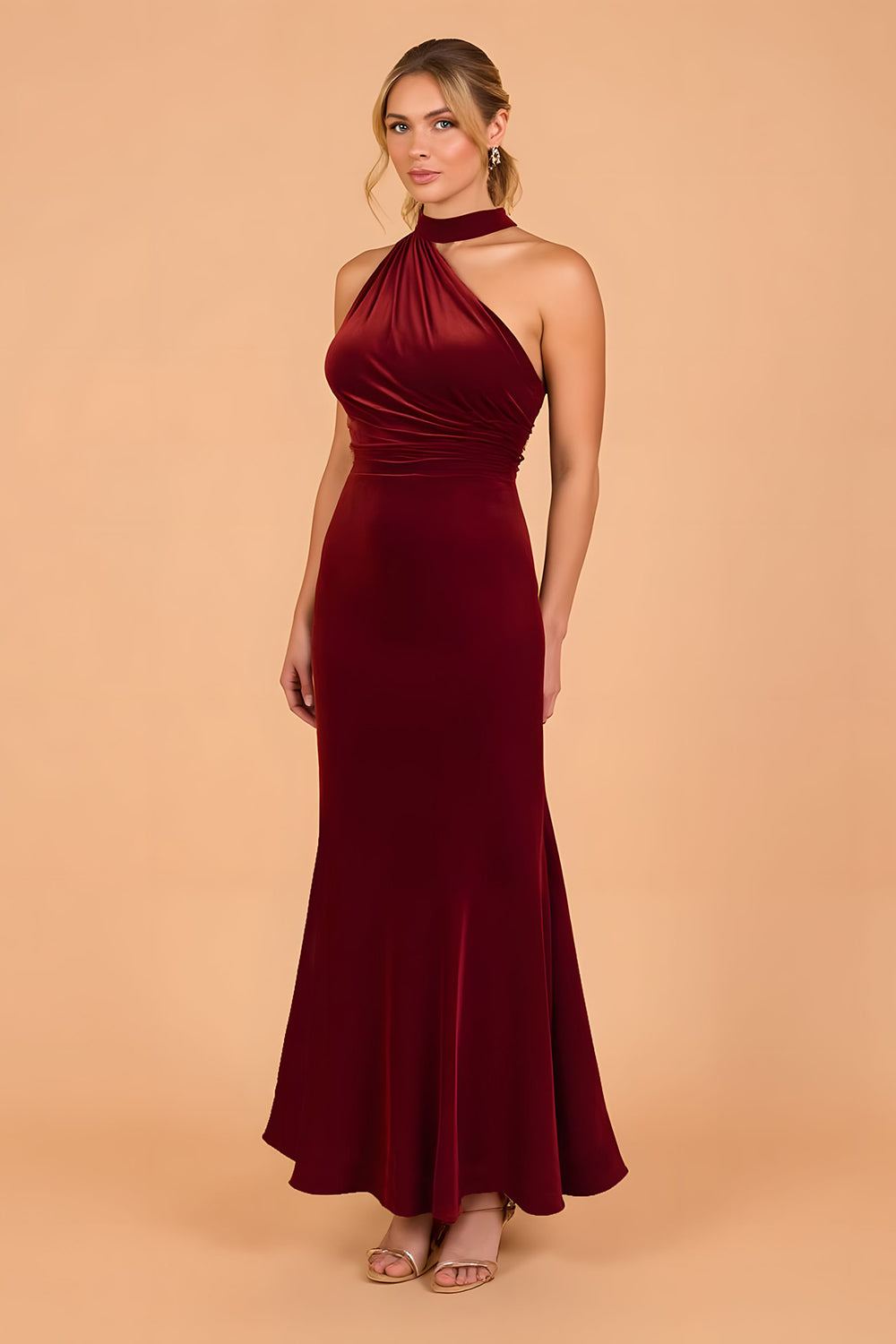 Cabernet Velvet Mermaid Halter Ruched Long Bridesmaid Dress