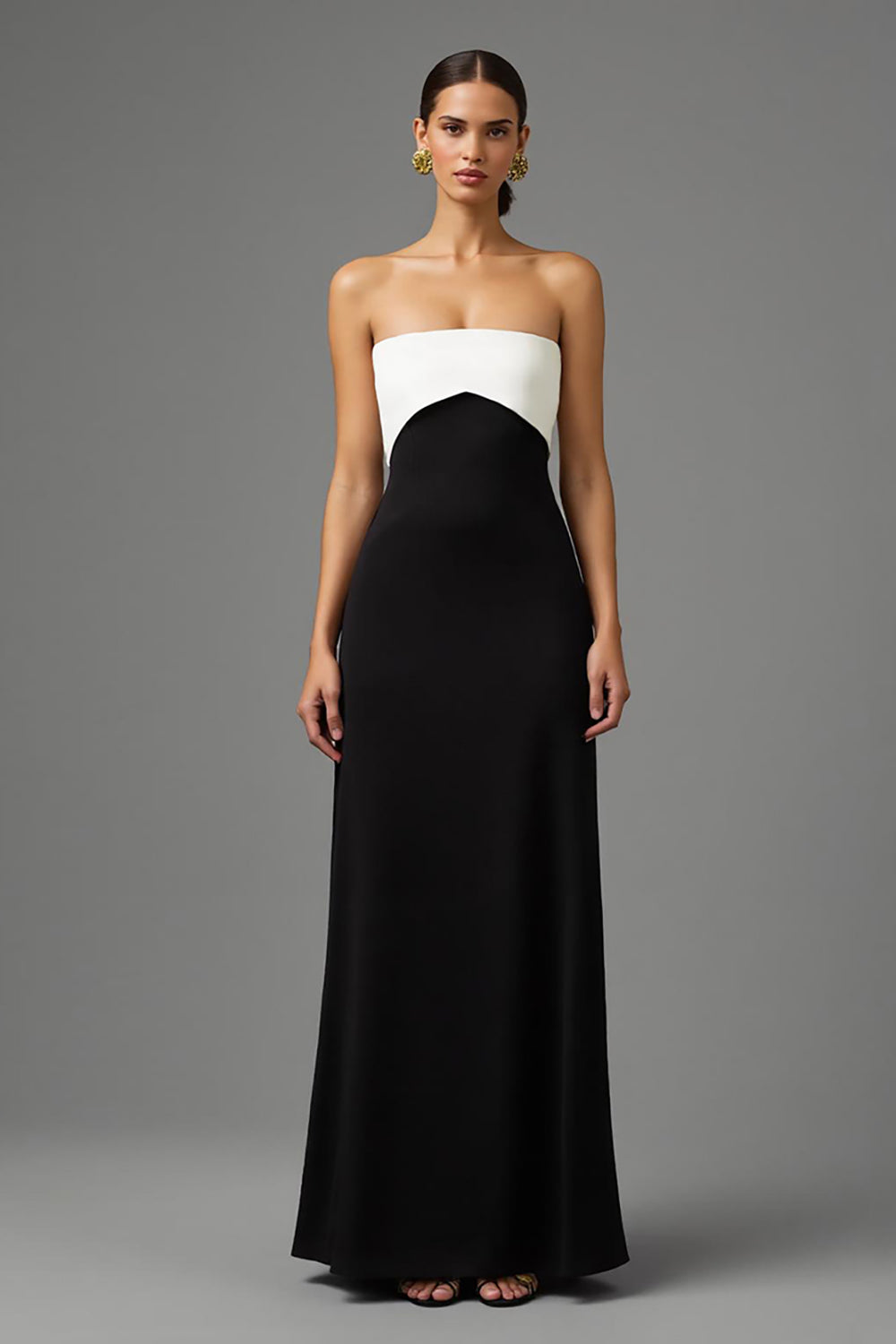 Simple Black and White Sheath Strapless Long Formal Dress with Bow