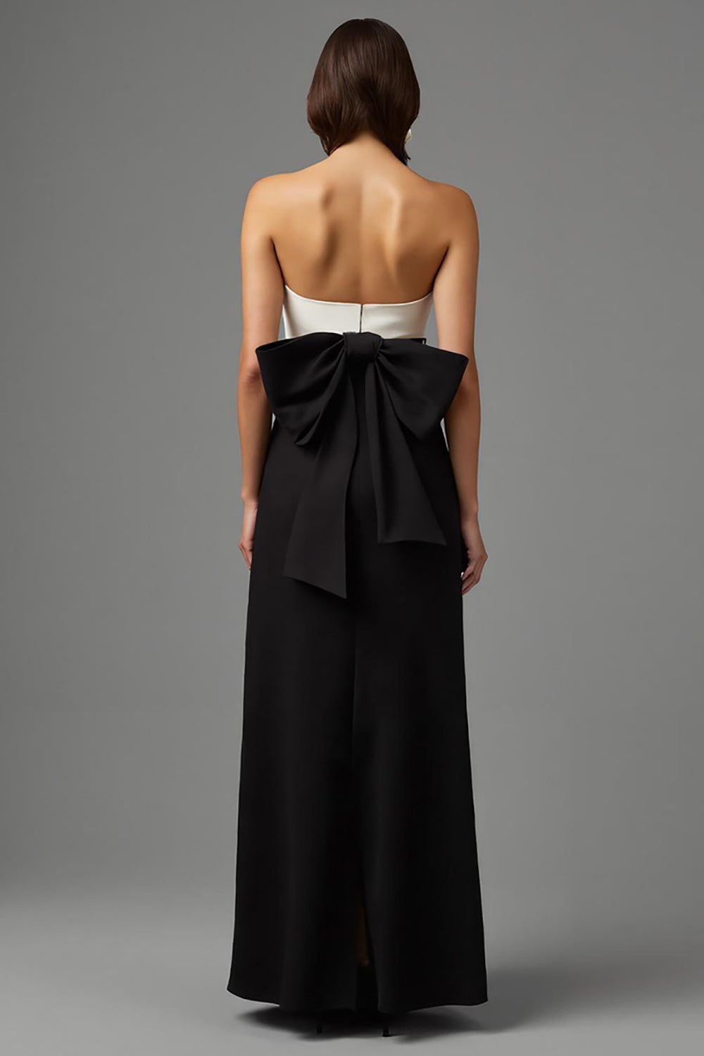 Simple Black and White Sheath Strapless Long Formal Dress with Bow