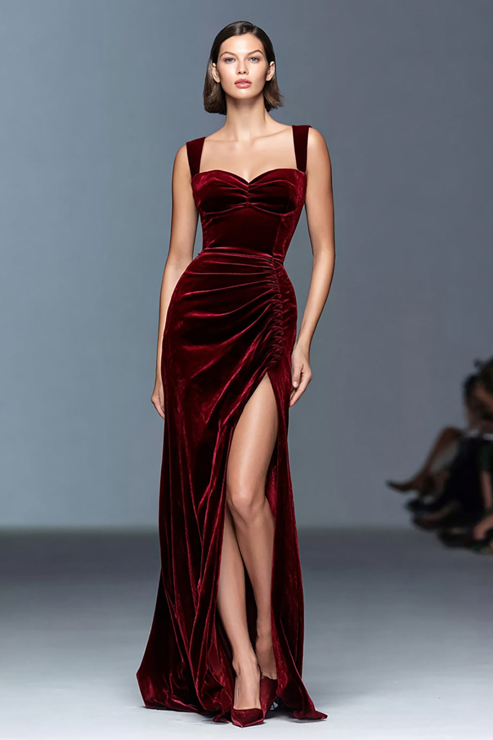 Burgundy Velvet Sheath Ruched Long Holiday Party Dress with Slit