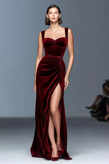 Burgundy Velvet Sheath Ruched Long Holiday Party Dress with Slit