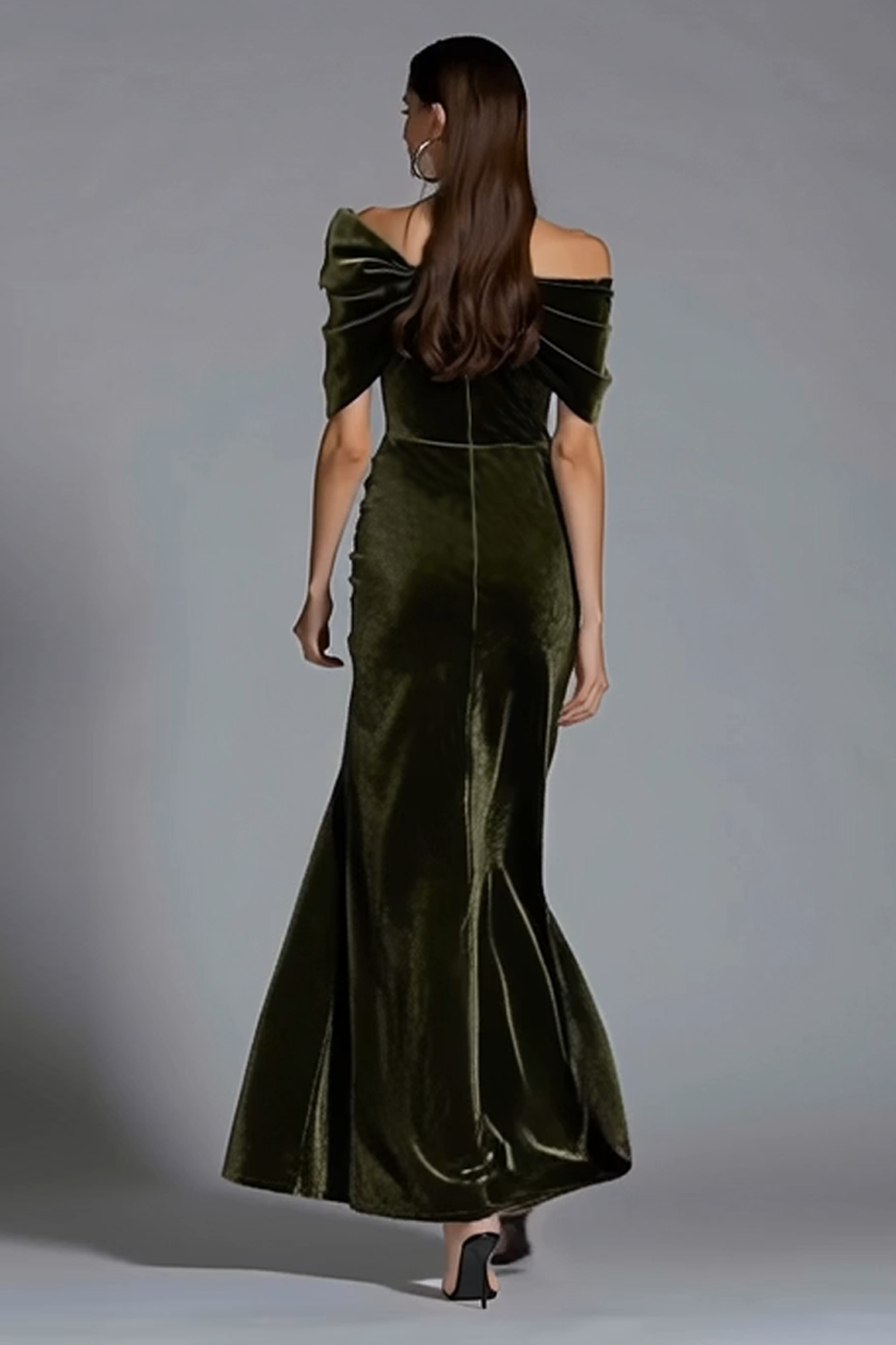 Olive Sheath Off the Shoulder Long Velvet Holiday Party Dress with Bow
