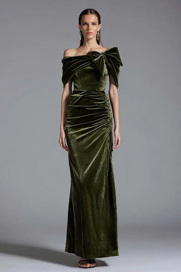 Olive Sheath Off the Shoulder Long Velvet Holiday Party Dress with Bow
