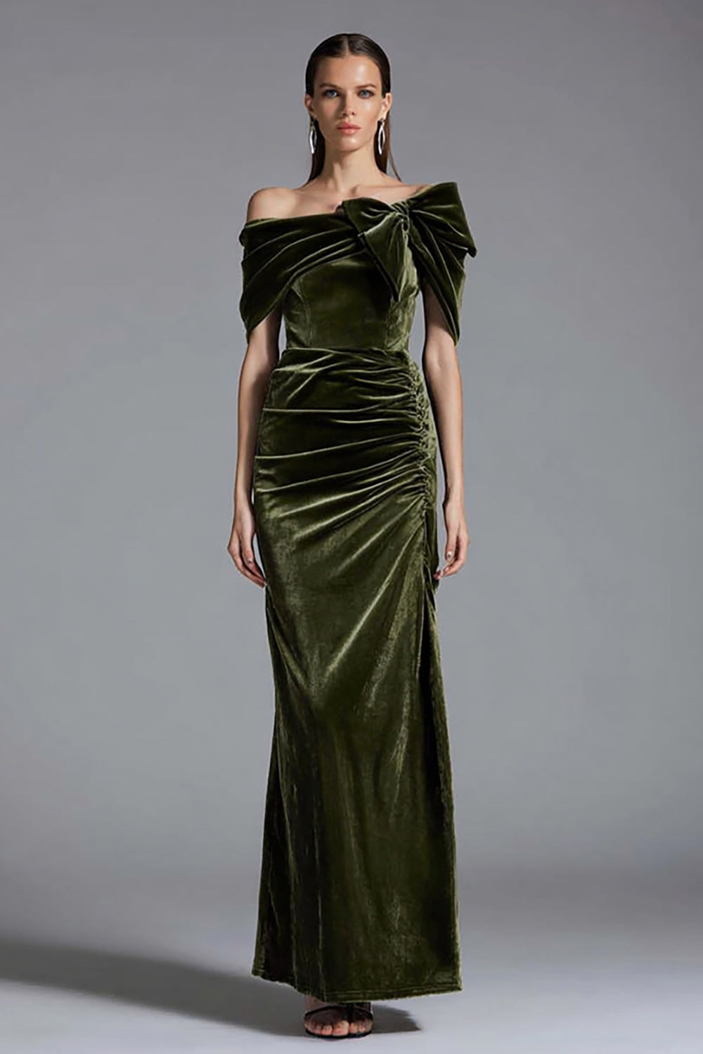 Olive Sheath Off the Shoulder Long Velvet Holiday Party Dress with Bow