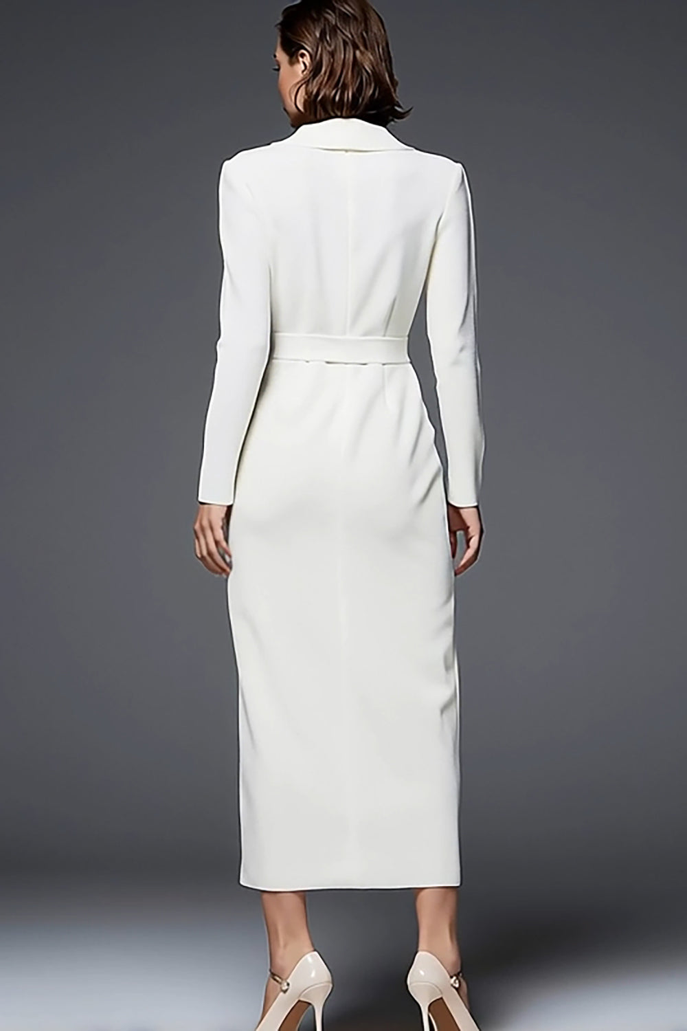 Simple Ivory Pencil Shawl Lapel Long Blazer Dress with Sleeves