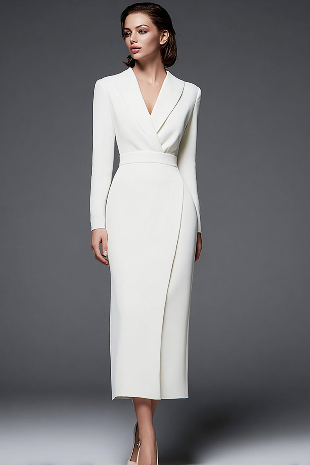 Simple Ivory Pencil Shawl Lapel Long Blazer Dress with Sleeves