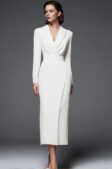 Simple Ivory Pencil Shawl Lapel Long Blazer Dress with Sleeves
