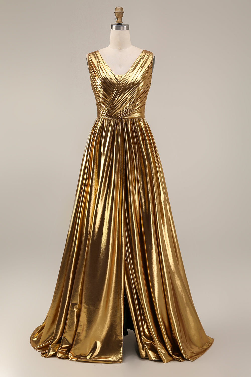 Sparkly Gold Metallic Pleated V-Neck A-Line Long Formal Dress with Slit