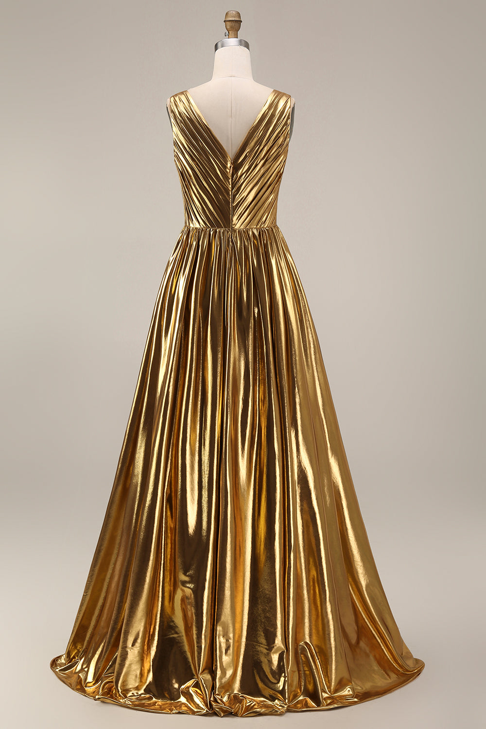 Sparkly Gold Metallic Pleated V-Neck A-Line Long Formal Dress with Slit