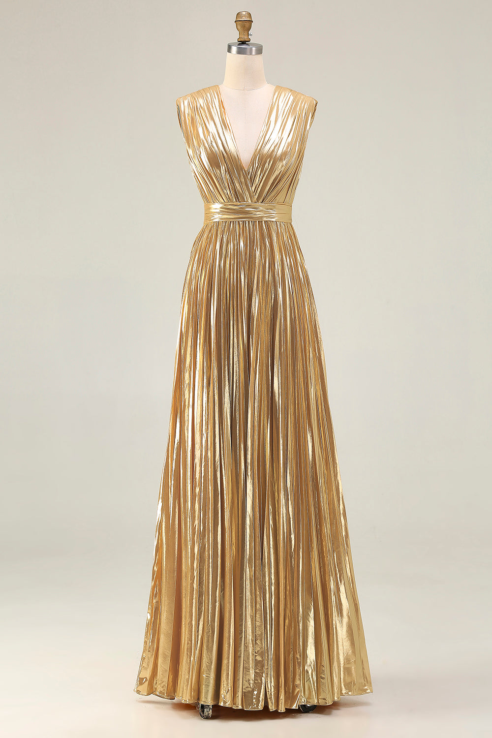 Sparkly Gold Deep V-Neck Metallic Pleated A-Line Long Formal Dress
