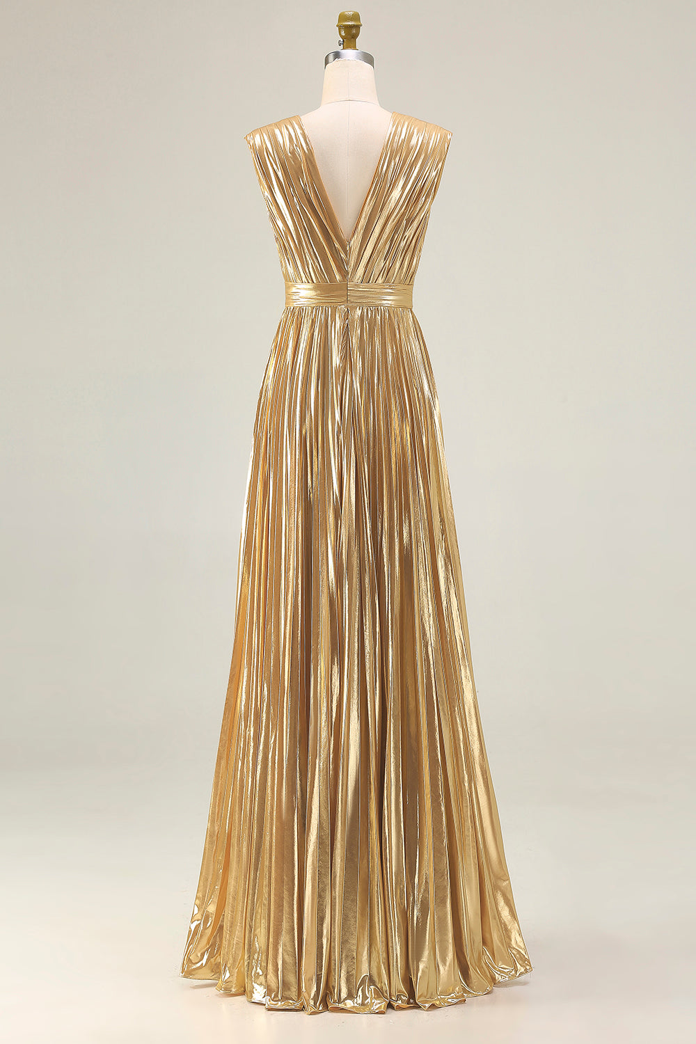 Sparkly Gold Deep V-Neck Metallic Pleated A-Line Long Formal Dress