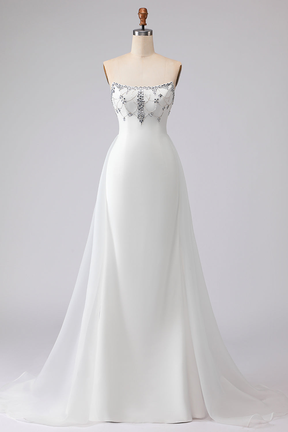 Sparkly White Satin Strapless Mermaid Long Prom Dress with Cape