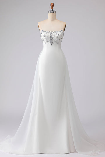 Sparkly White Satin Strapless Mermaid Long Prom Dress with Cape