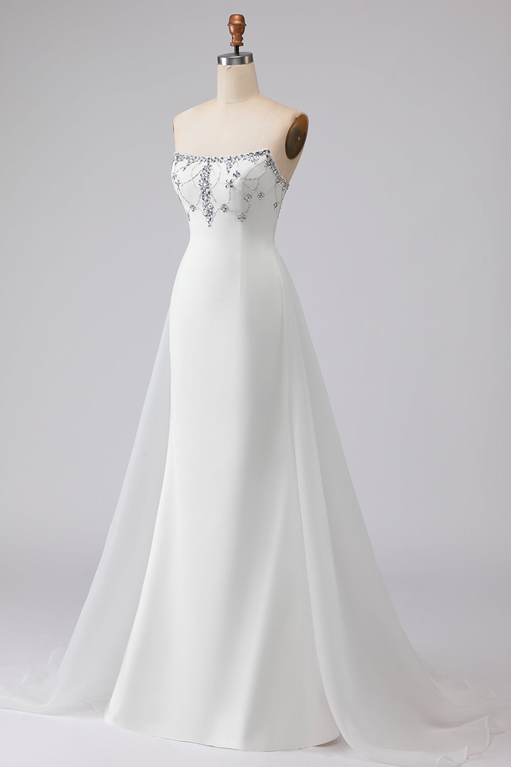 Sparkly White Satin Strapless Mermaid Long Prom Dress with Cape