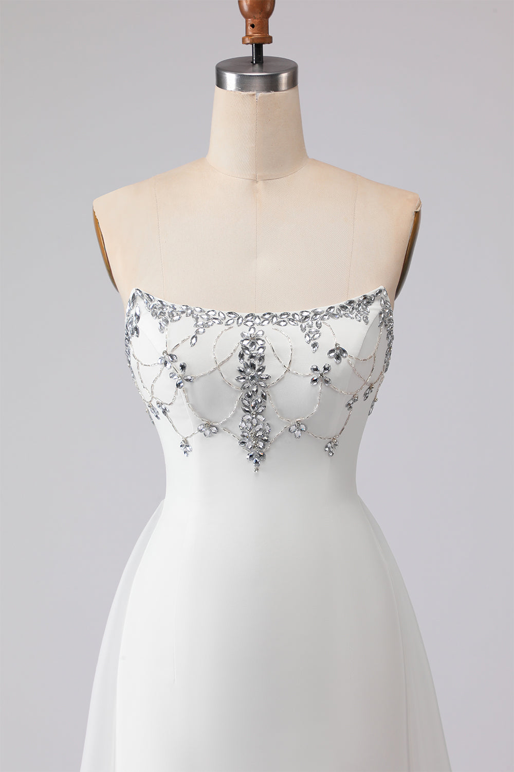 Sparkly White Satin Strapless Mermaid Long Prom Dress with Cape