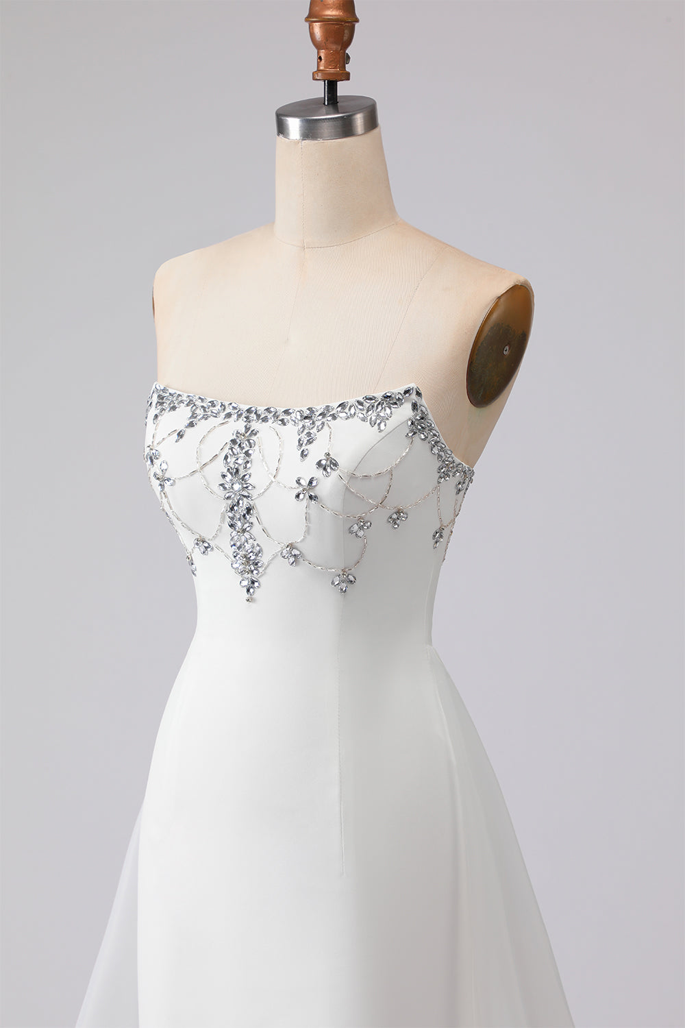 Sparkly White Satin Strapless Mermaid Long Prom Dress with Cape