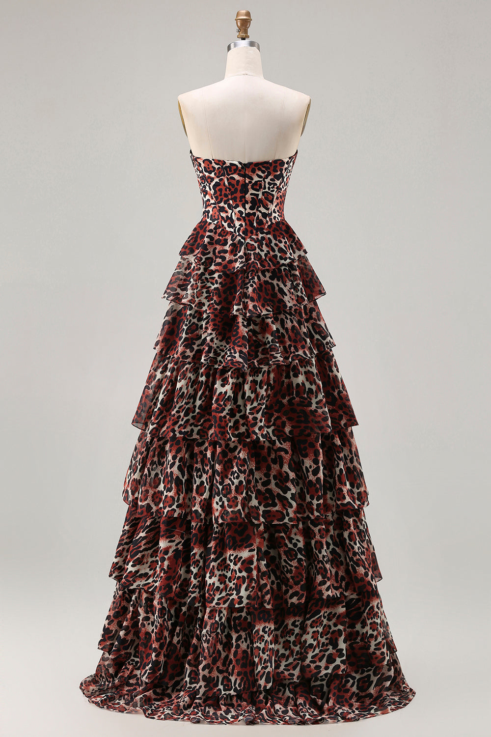 Brown Leopard A Line Tiered Sweetheart Long Corset Prom Dress