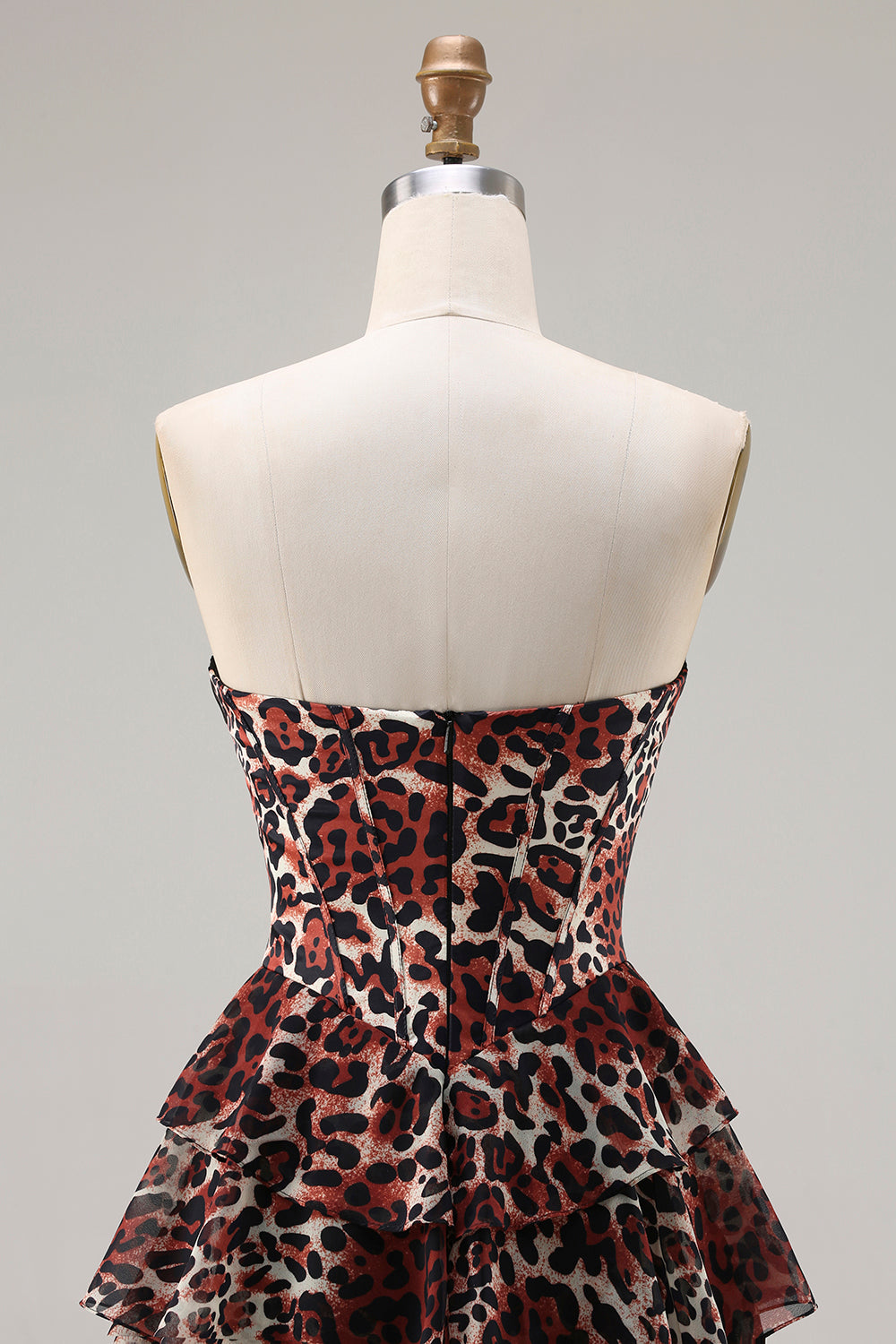 Brown Leopard A Line Tiered Sweetheart Long Corset Prom Dress