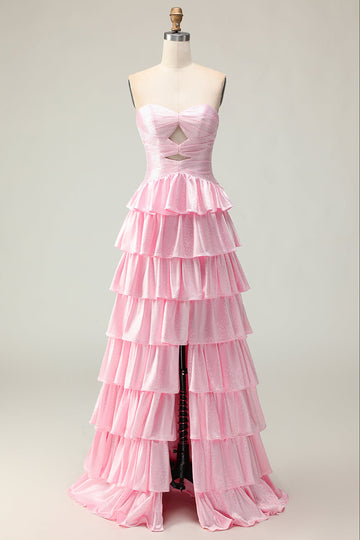 Sparkly Pink Ruffled Strapless Long Prom Dress with Keyhole