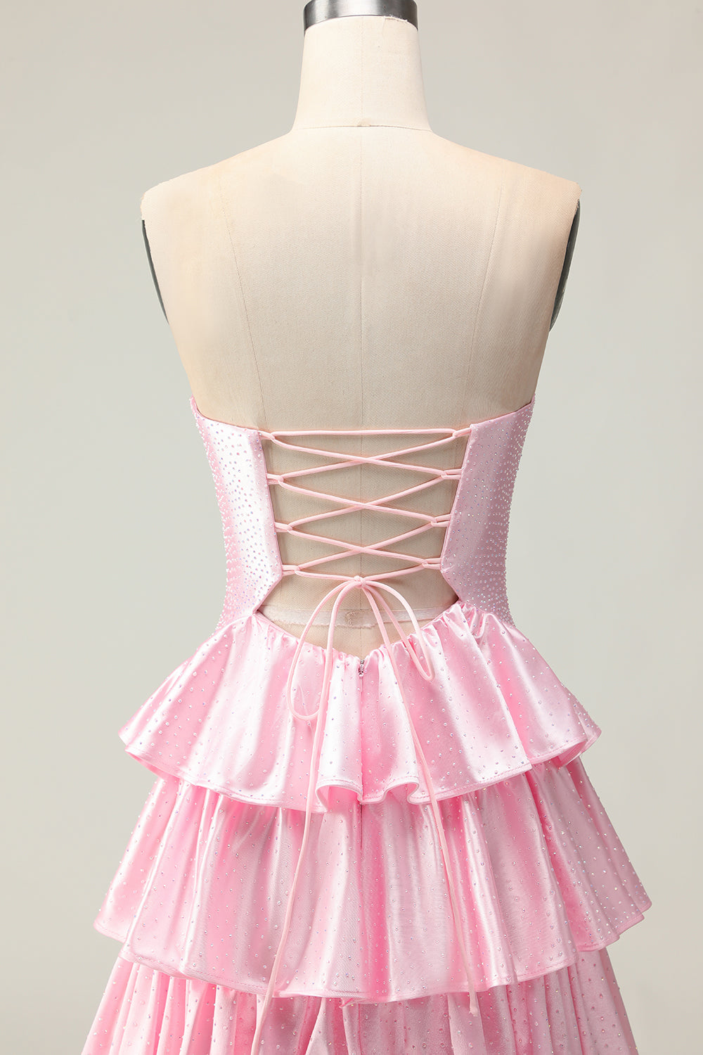 Sparkly Pink Ruffled Strapless Long Prom Dress with Keyhole