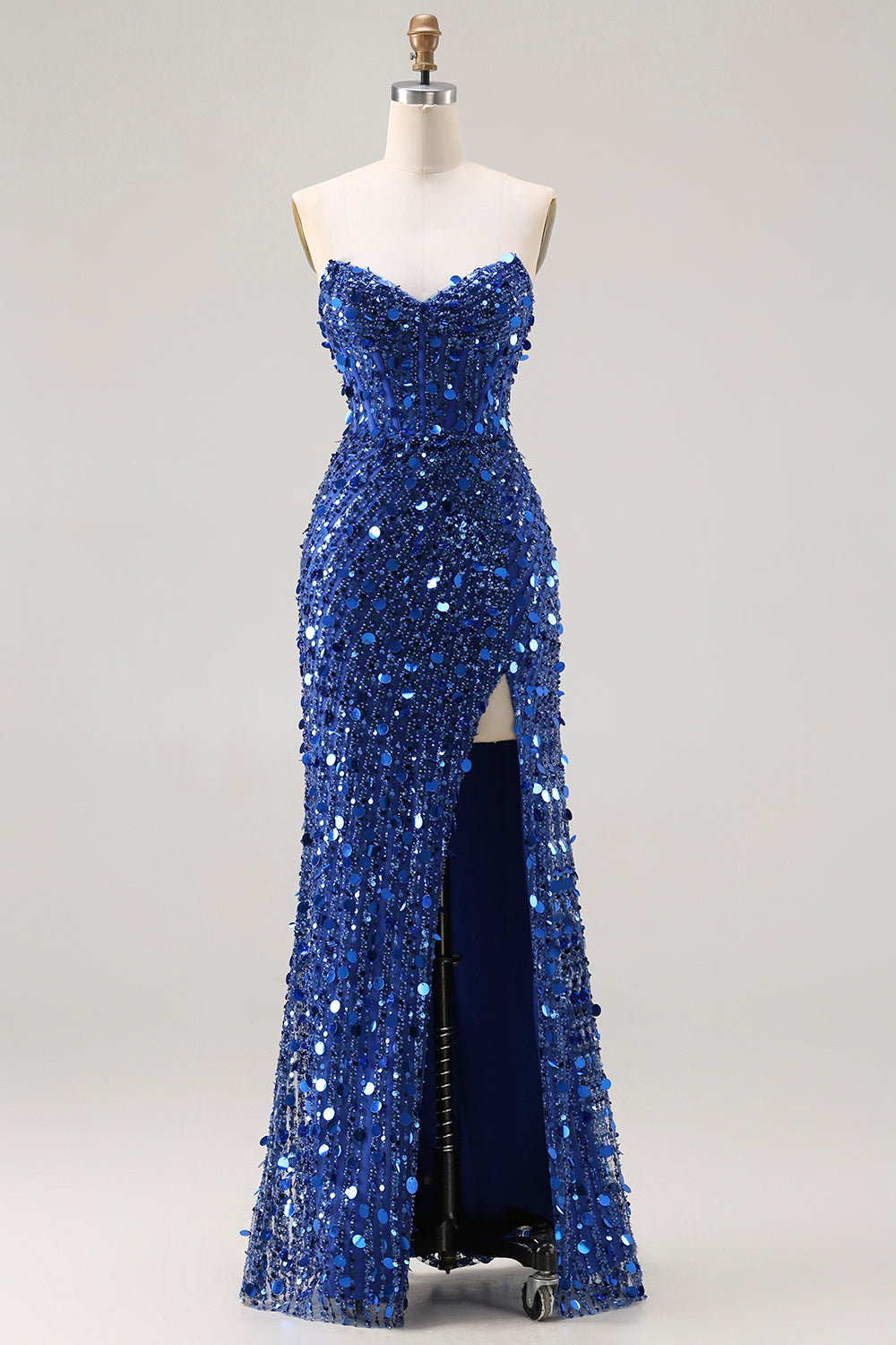 Sparkly Silver Sequin Mermaid Long Corset Prom Dress with Slit
