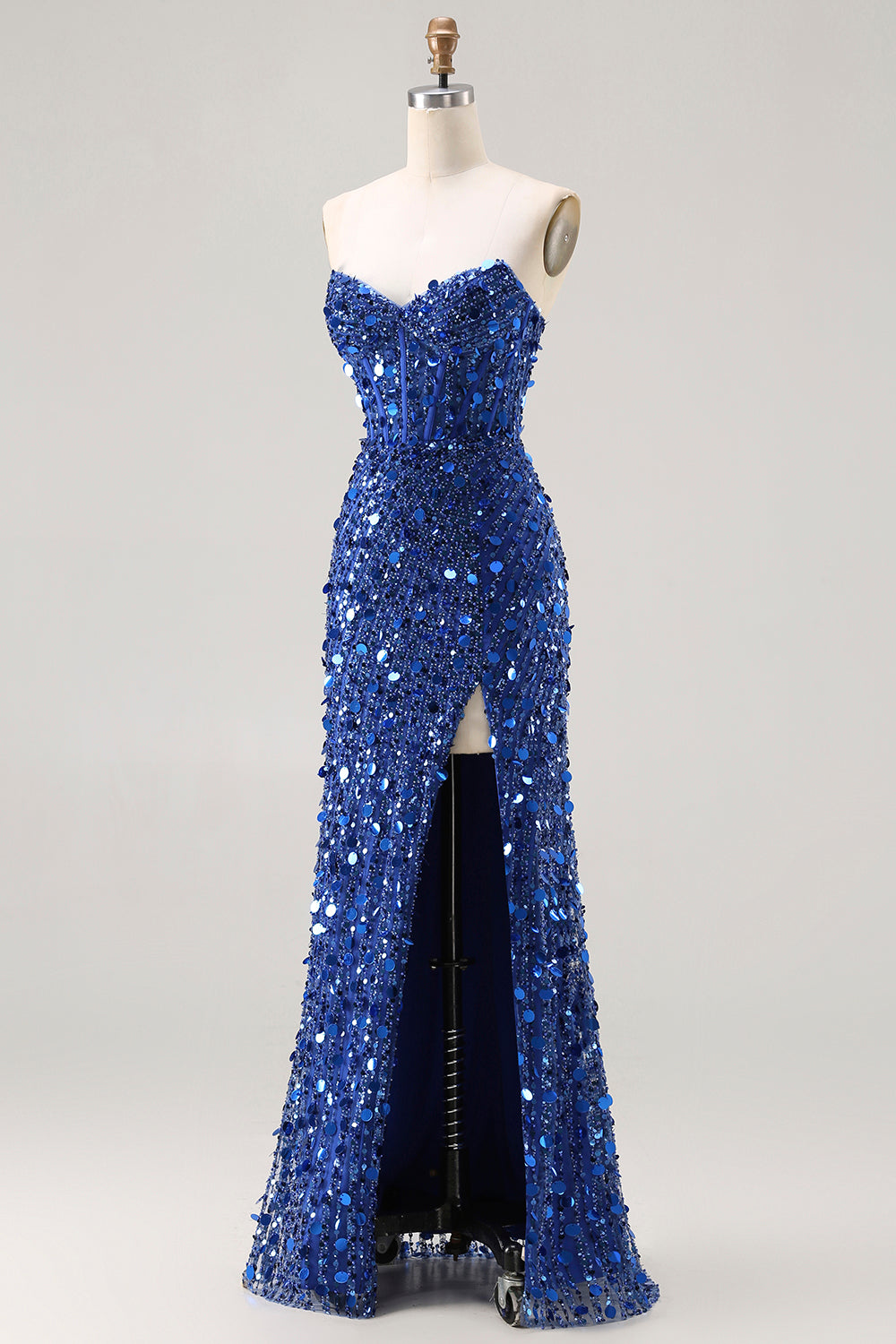Sparkly Silver Sequin Mermaid Long Corset Prom Dress with Slit