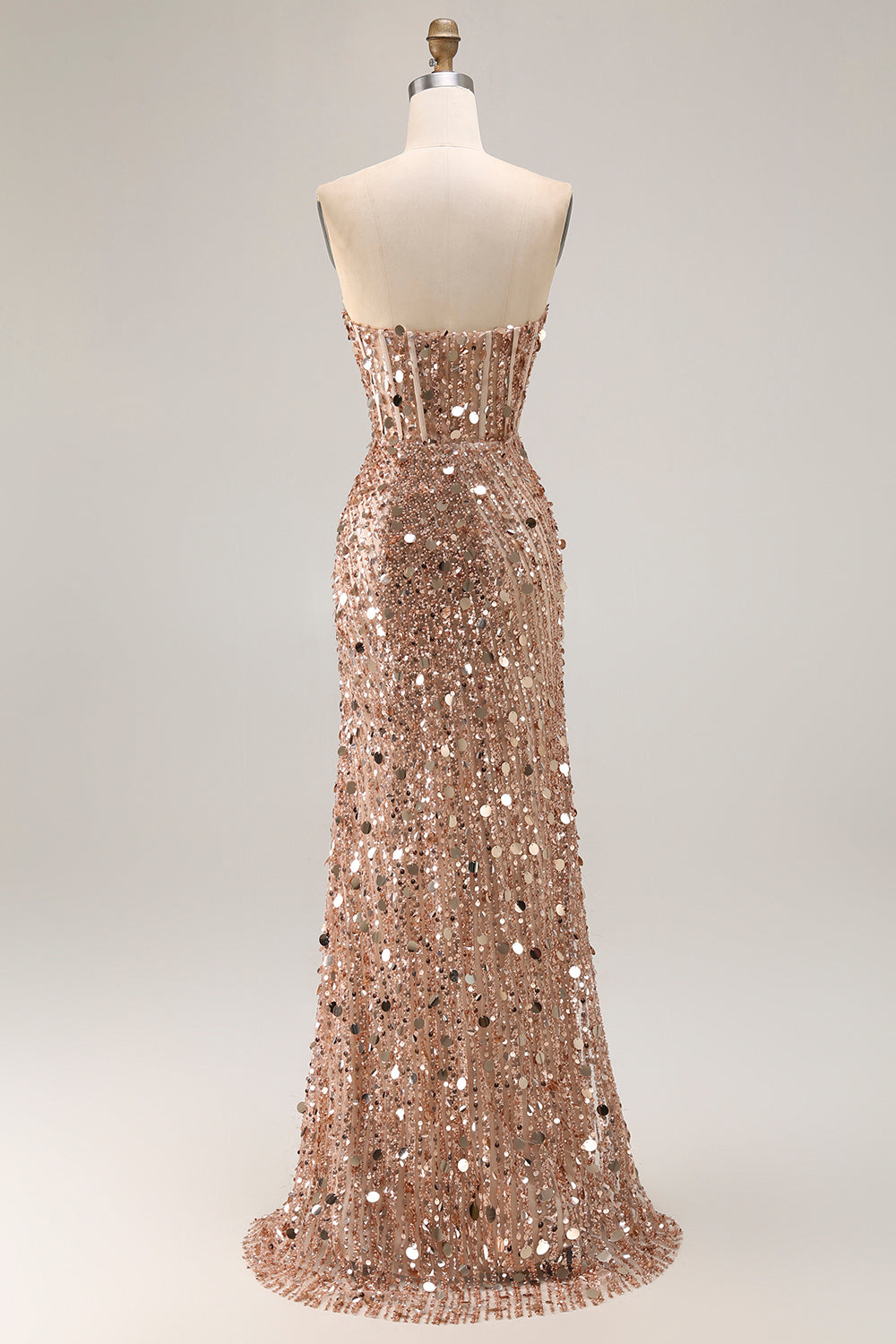 Sparkly Golden Beaded Mermaid Long Corset Prom Dress with Slit