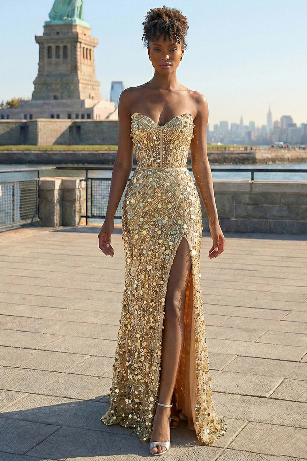 Sparkly Golden Beaded Mermaid Long Corset Prom Dress with Slit