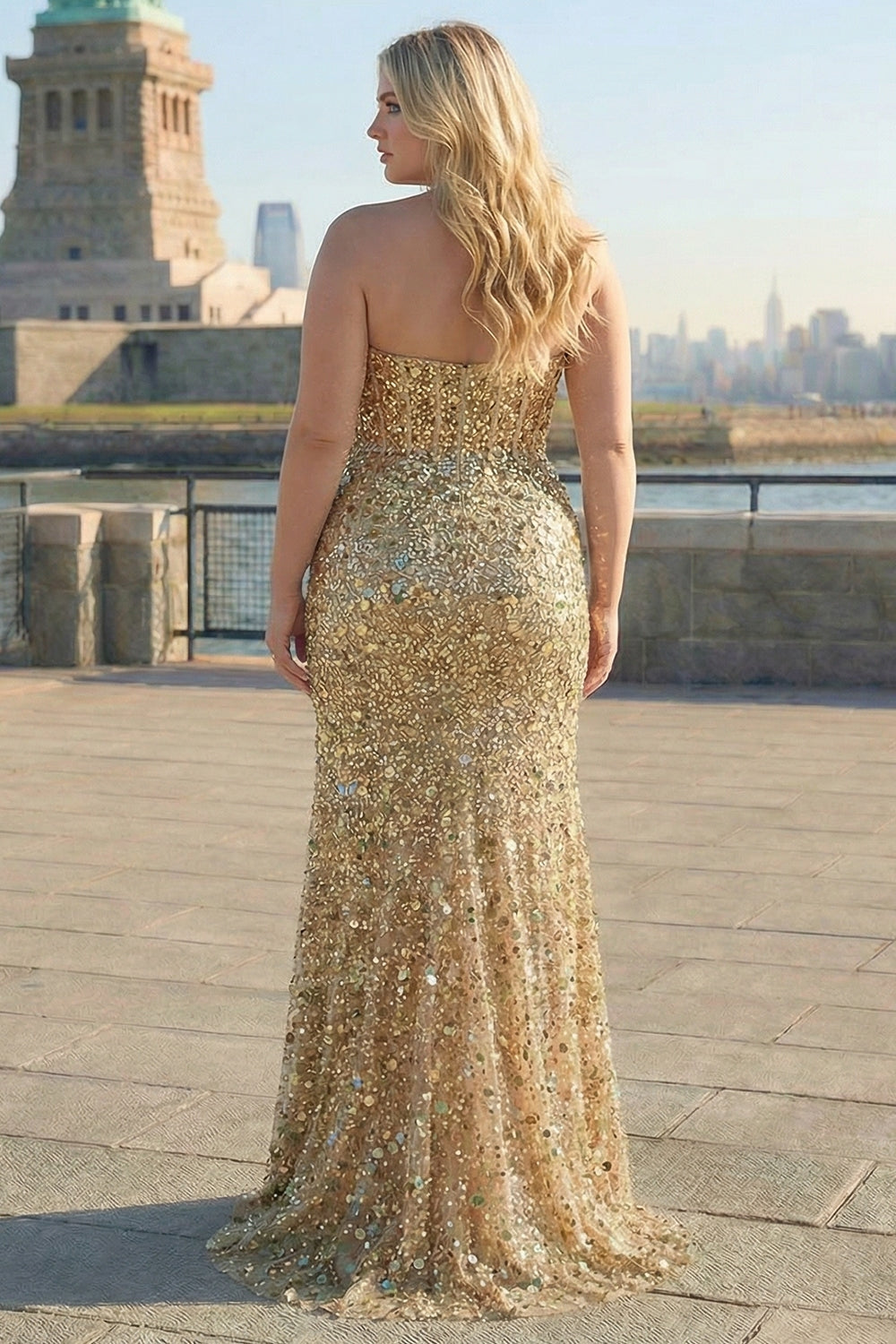 Sparkly Golden Beaded Mermaid Long Corset Prom Dress with Slit